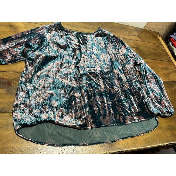 Anthropologie Faustine Velvet Peasant Blouse Medium Green Pink Oversized Boho - Picture 8 of 13